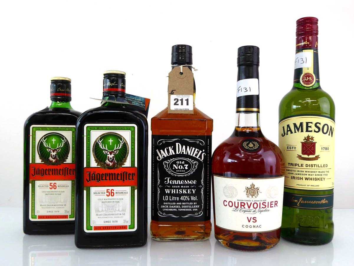 5 bottles, 1x Jack Daniel's old No 7 Tennessee Whiskey 40% 1 litre, 1x Jameson Triple Distilled