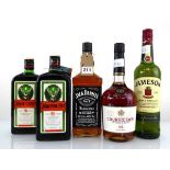 5 bottles, 1x Jack Daniel's old No 7 Tennessee Whiskey 40% 1 litre, 1x Jameson Triple Distilled