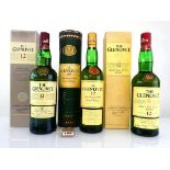 3 bottles of The Glenlivet 12 Year old Single Malt Scotch Whisky with boxes/carton, all different