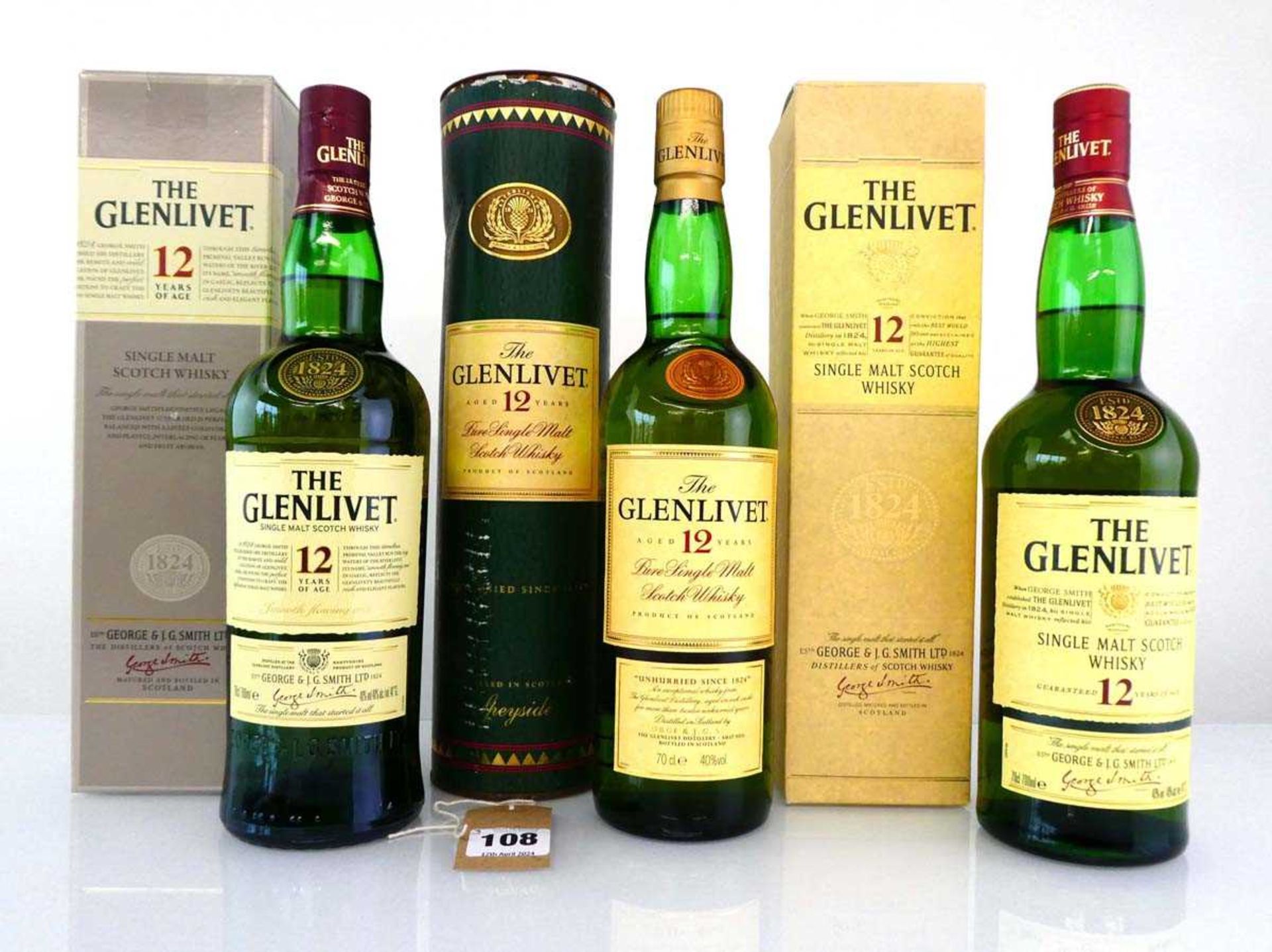 3 bottles of The Glenlivet 12 Year old Single Malt Scotch Whisky with boxes/carton, all different