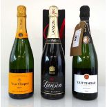 +VAT 3 bottles of Chamagne, 1x Taittinger Brut Reserve, 1x Veuve Clicquot Brut & 1x Lanson Le