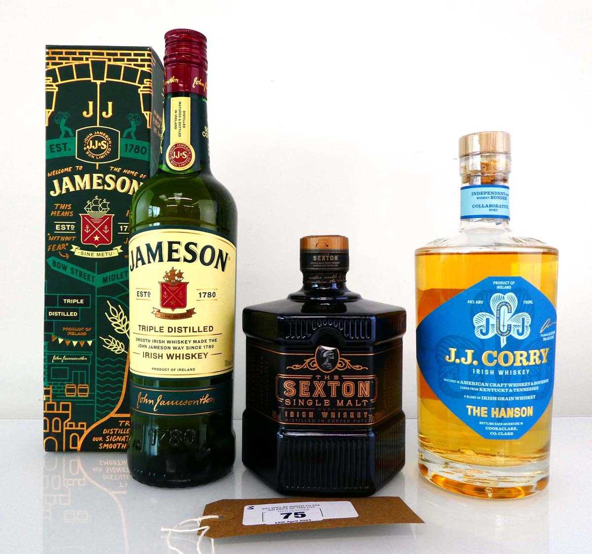 +VAT 3 bottles of Irish Whiskey, 1x J.J.Corry The Hanson Irish Whiskey46% 70cl, 1x The Sexton Single