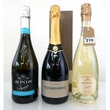 3 bottles, 1x Gusbourne Twenty Nineteen Brut Reserve Brit Fizz with box, 1x Zonin Millesimato