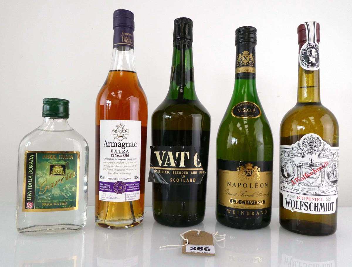 5 bottles, 1x VAT 69 Scotch Whisky circa 1970's 70 proof 26 2/3 fl oz, 1x TTD 12 year old Armagnac