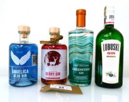 +VAT 4 bottles of Gin, 1x Greenstone Gin from NZ 40% 70cl, 1x Spiritus Cypri Angelica Blue Gin by