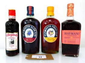 +VAT 4 bottles, 1x Hayman's of London Sloe Gin 26% 70cl, 1x Plymouth Sloe Gin 26% 70cl, 1x