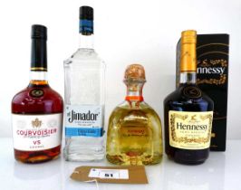 +VAT 4 bottles, 1x Patron Reposado Tequila 40% 70cl, 1x Hennessy VS Very Special Cognac with box 40%