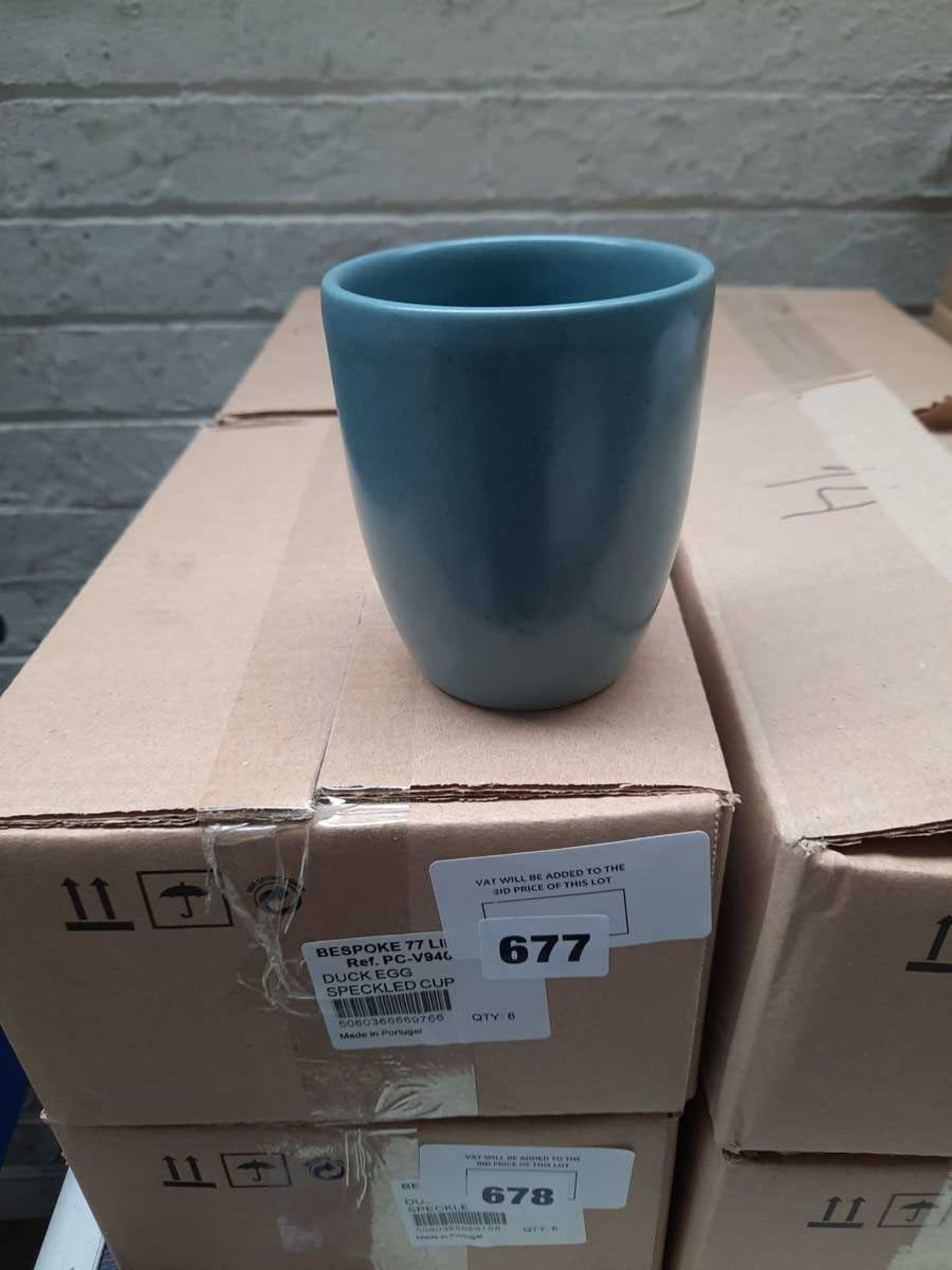 +VAT 2 boxes of 6 duck-egg blue speckled cups with no handles (12 in total) - Image 2 of 2