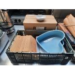 2 boxes of small wavy edged dishes, tray with heart shaped dish, oven dish and wooden platters