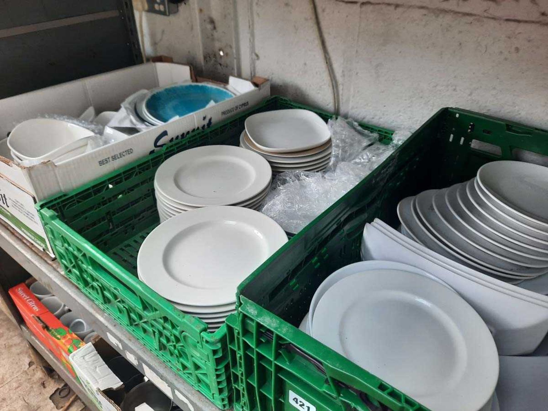 5 trays of mostly white ceramic tableware in various styles, includes enamelled plates, bowls, glass - Image 2 of 3