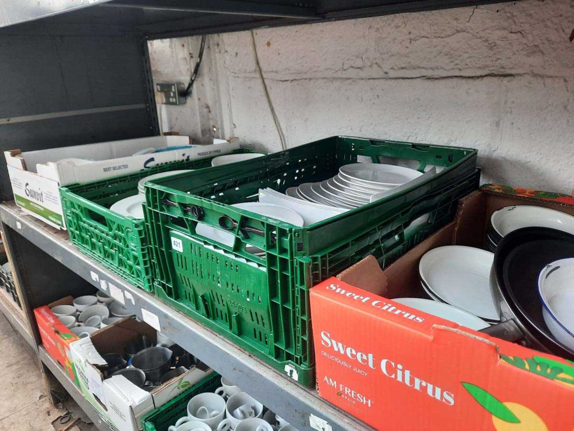 5 trays of mostly white ceramic tableware in various styles, includes enamelled plates, bowls, glass