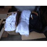 2 x boxes containing white and black assorted table linen and chair decorations and covers