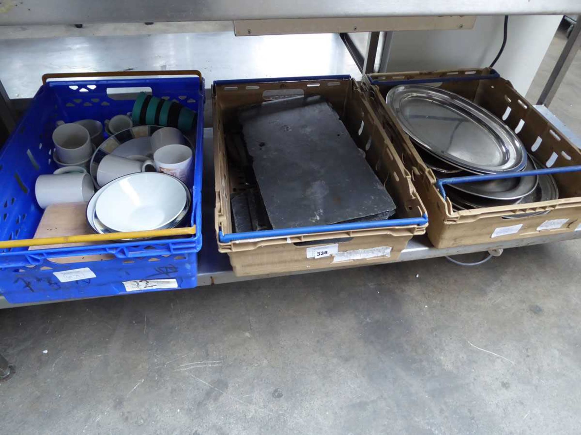 +VAT 3 x trays of assorted items including table top slates, stainless steel serving platers and