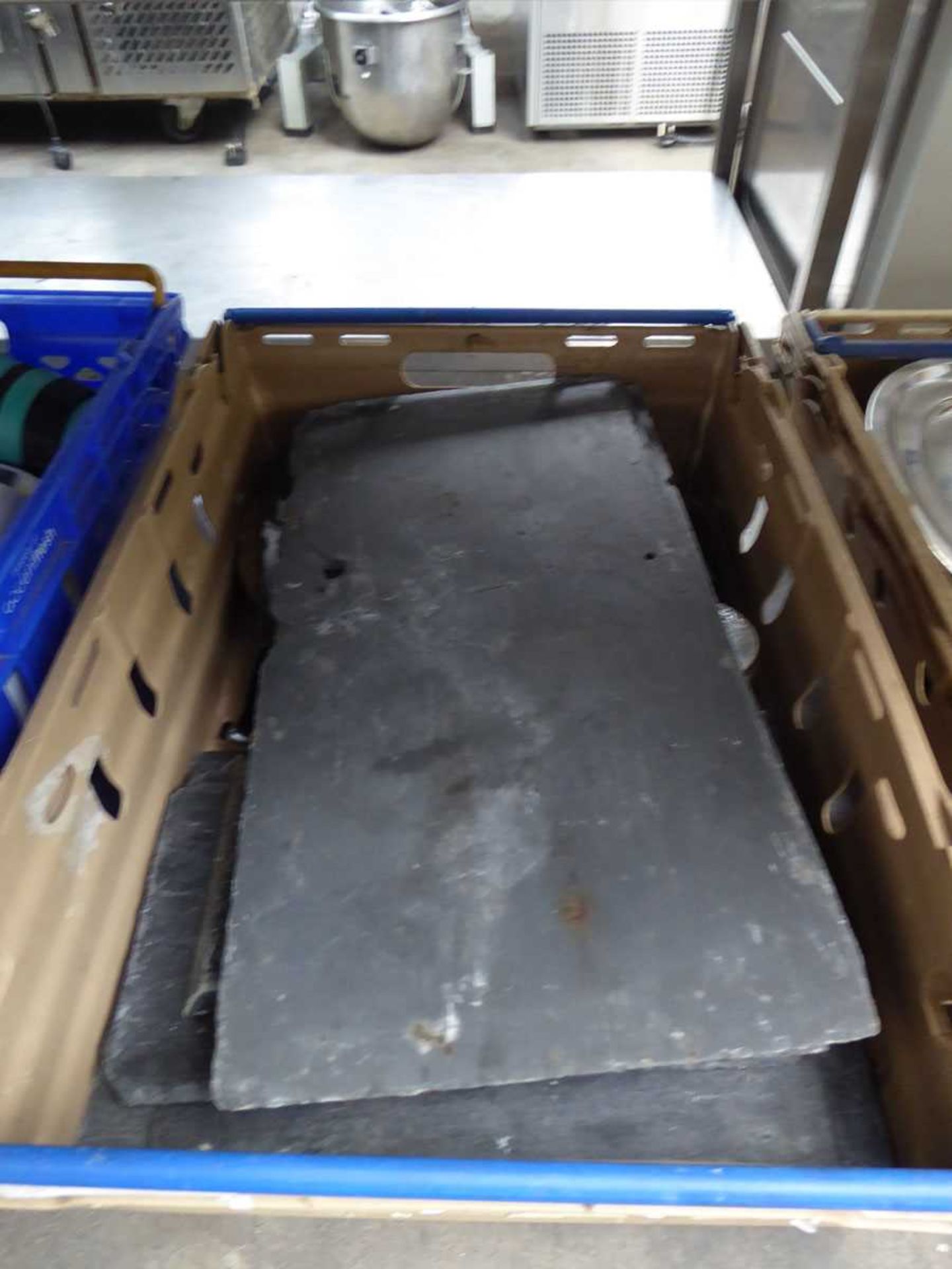 +VAT 3 x trays of assorted items including table top slates, stainless steel serving platers and - Image 3 of 4