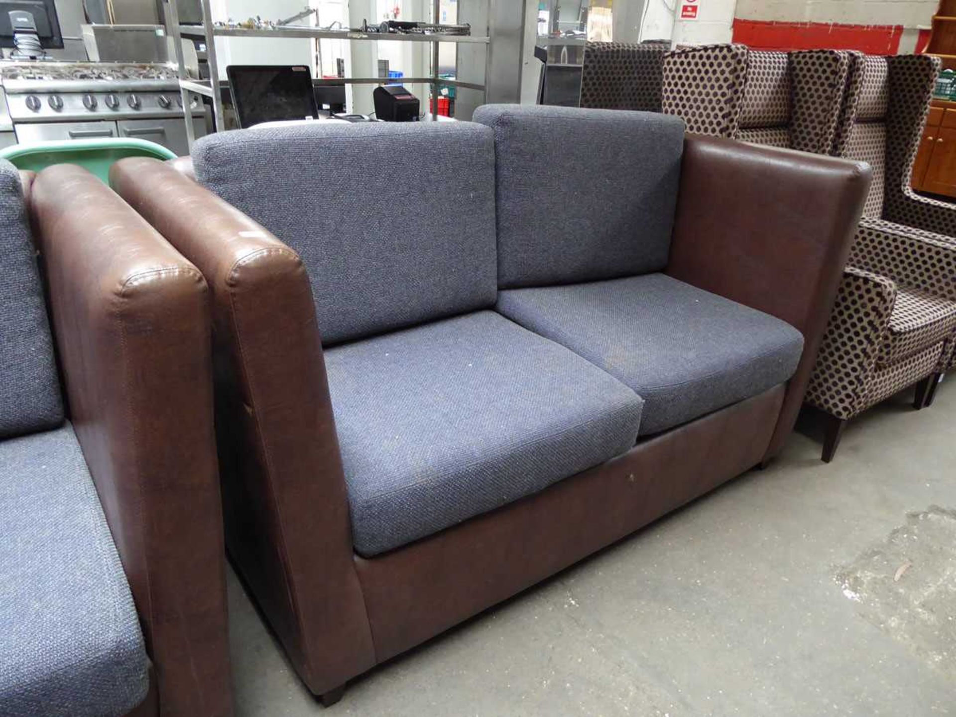 170cm brown vinyl leather effect high back 2 seater settees with grey upholstered cushions