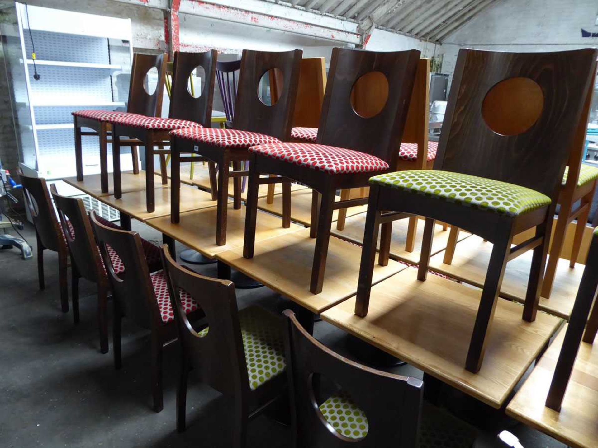 Set of 5 solid top café tables with single pedestal bases plus 7 dark wood framed red polka dot