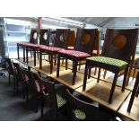 Set of 5 solid top café tables with single pedestal bases plus 7 dark wood framed red polka dot