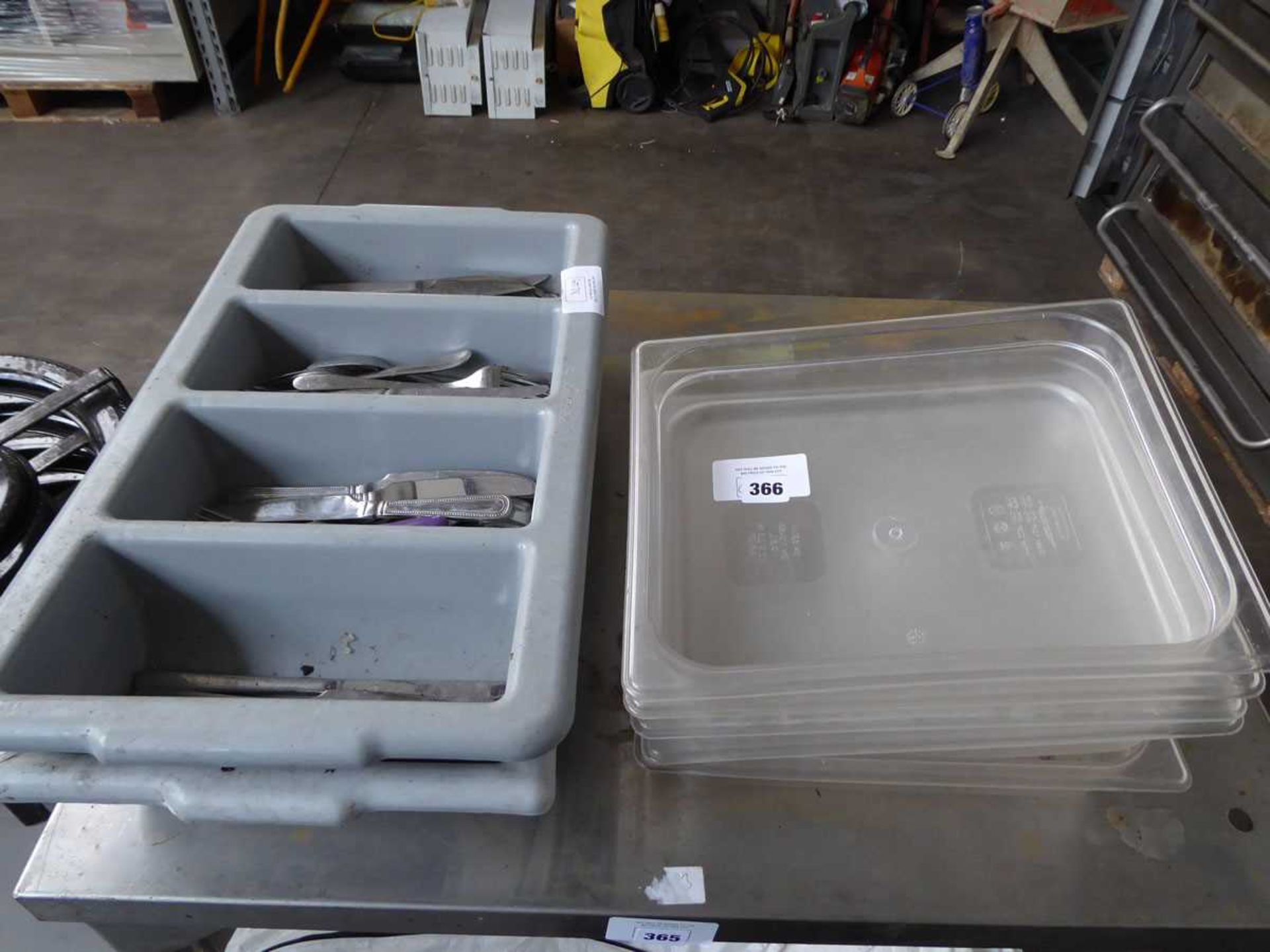 +VAT Small stack of half sized gastronorm plastic trays, and 2 plastic cutlery totes with odd