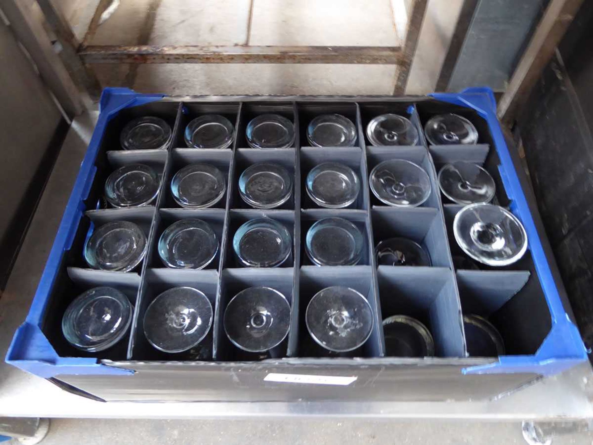 3 plastic stacking crates, mostly containing wine glasses - Image 2 of 2