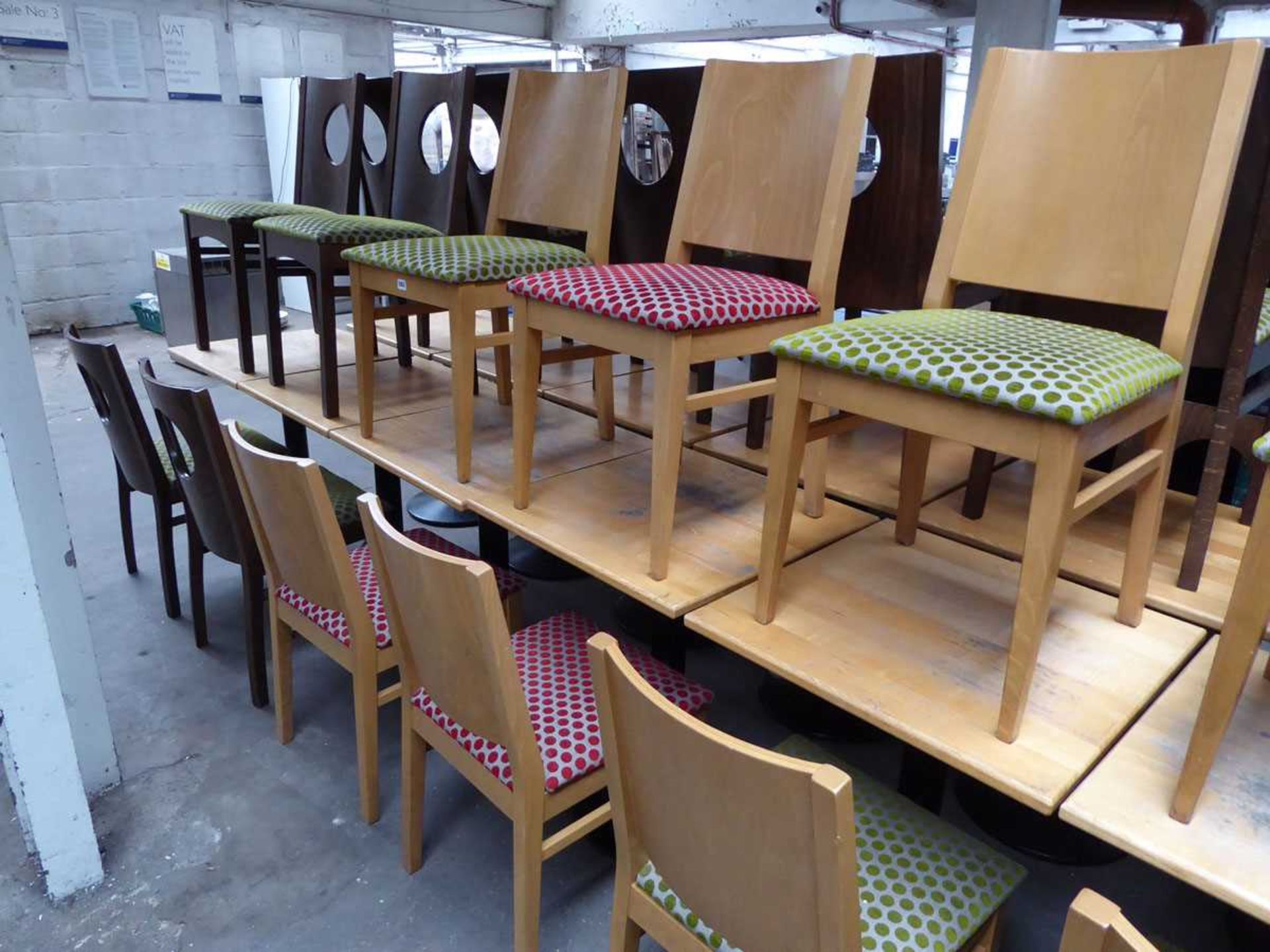 Set of 5 solid top café tables with single pedestal bases plus 10 assorted polka dot dining chairs