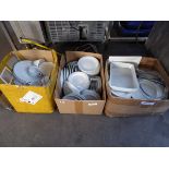 3 large boxes containing assorted white crockery to include side plates, cups, oven dishes etc
