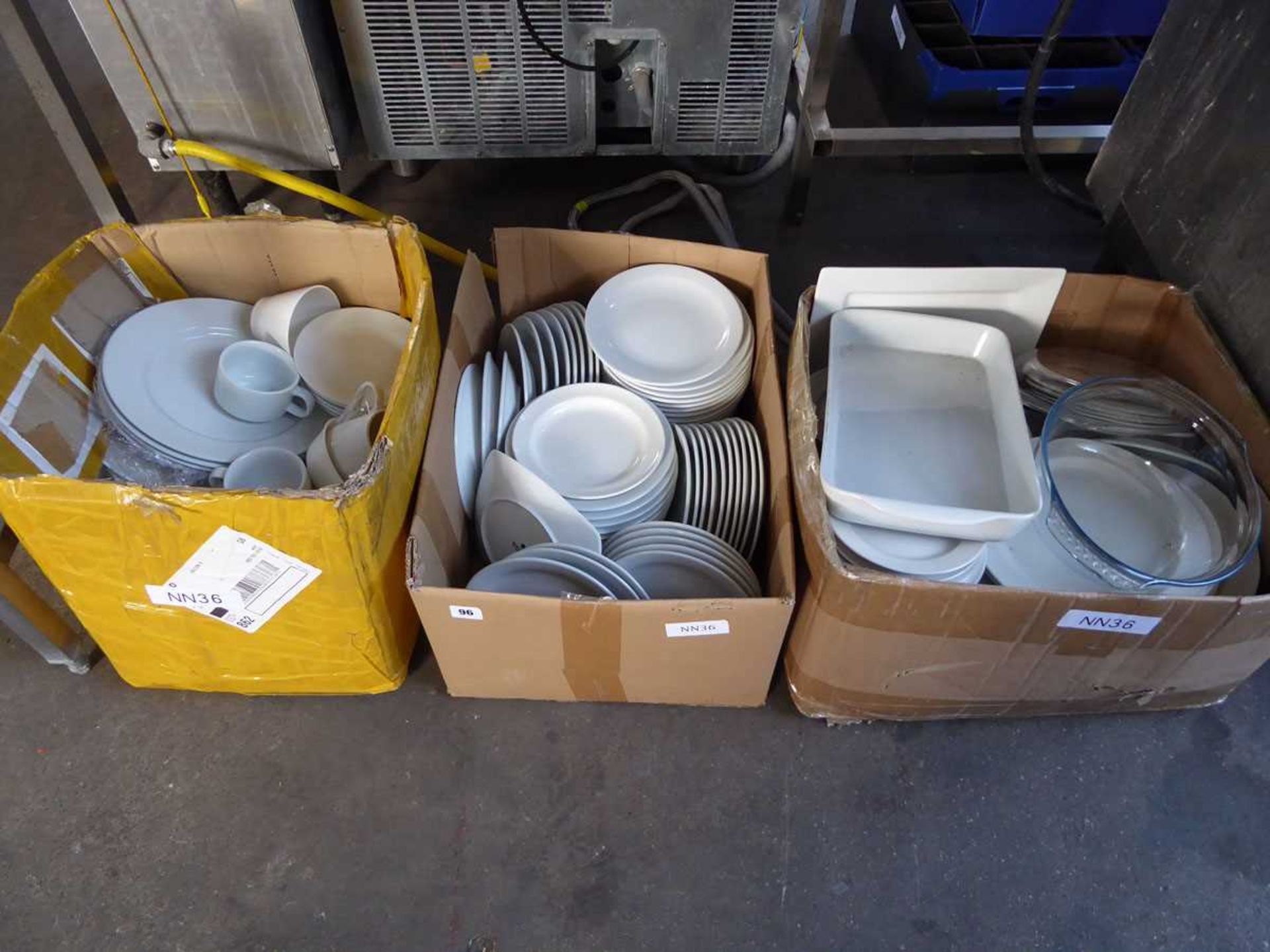 3 large boxes containing assorted white crockery to include side plates, cups, oven dishes etc