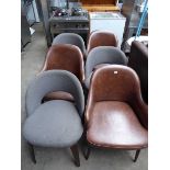 3 matching brown vinyl leather effect tub chairs and 3 grey cloth tub chairs