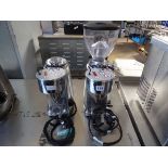 2 Mazzer model mini electronic coffee grinders, 1 with hopper