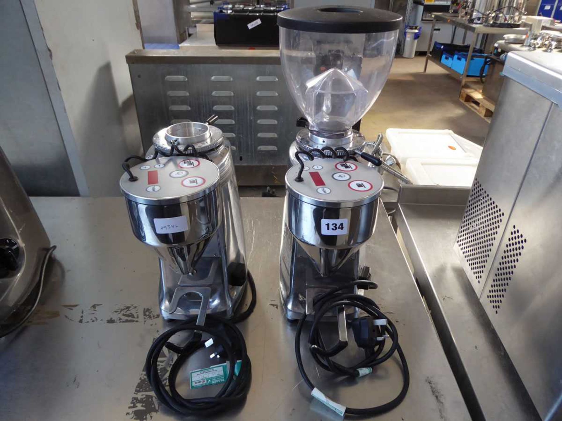 2 Mazzer model mini electronic coffee grinders, 1 with hopper
