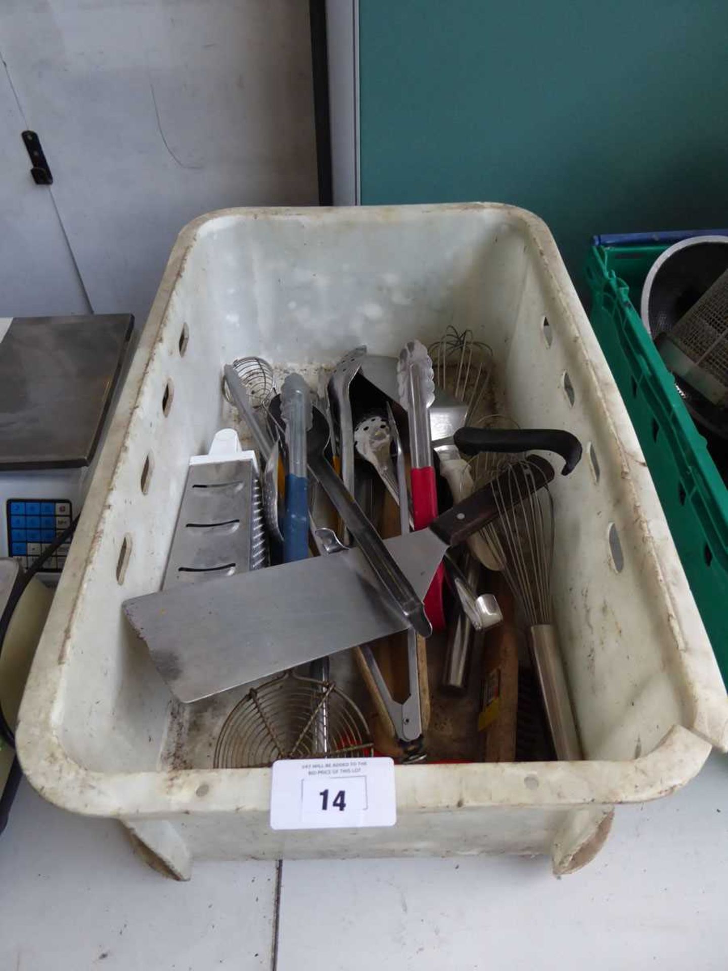 +VAT Tray containing assorted chefs utensils