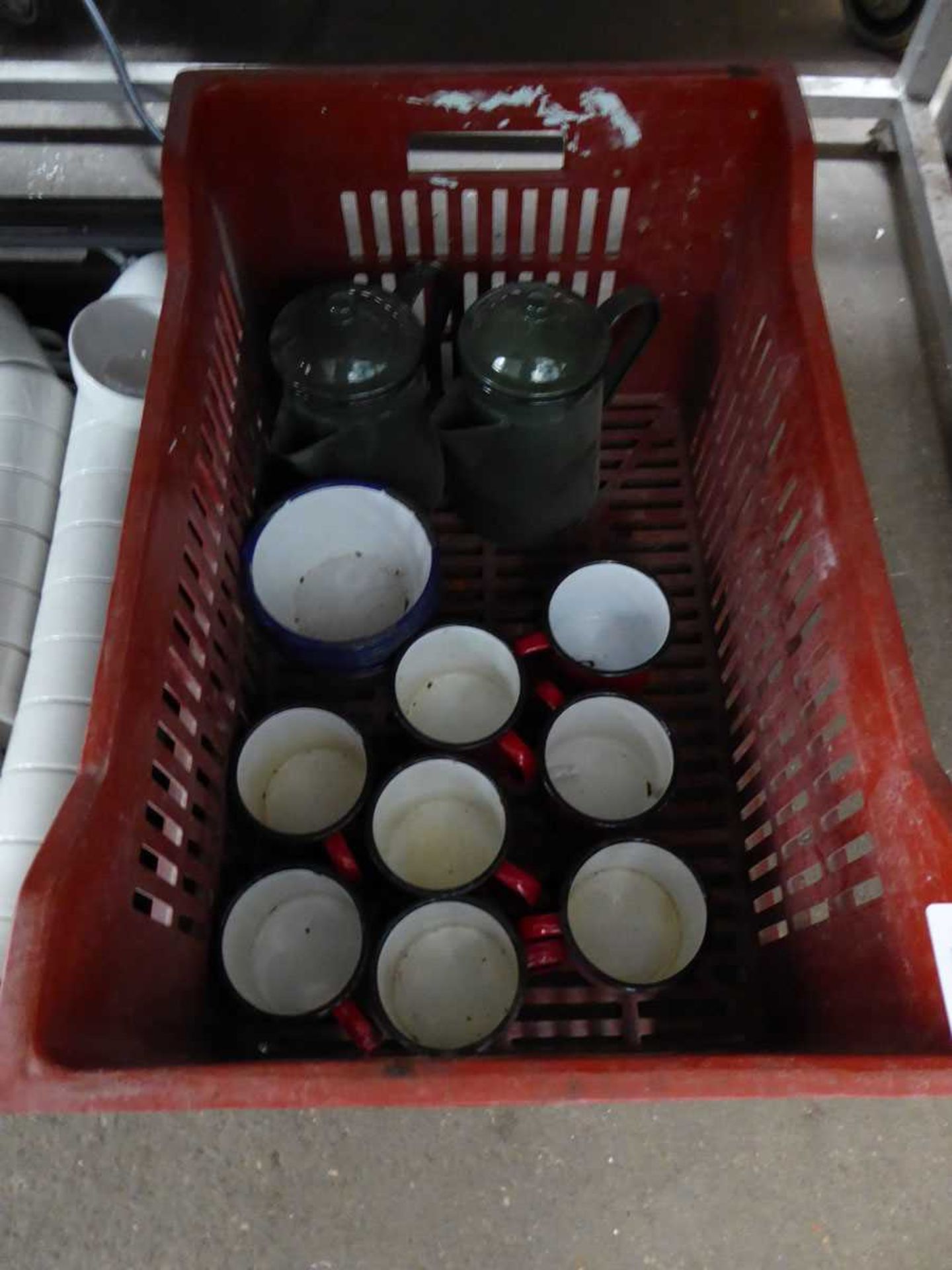 +VAT 3 trays of assorted items to include enamel ware, cups, crockery and glass - Image 2 of 4