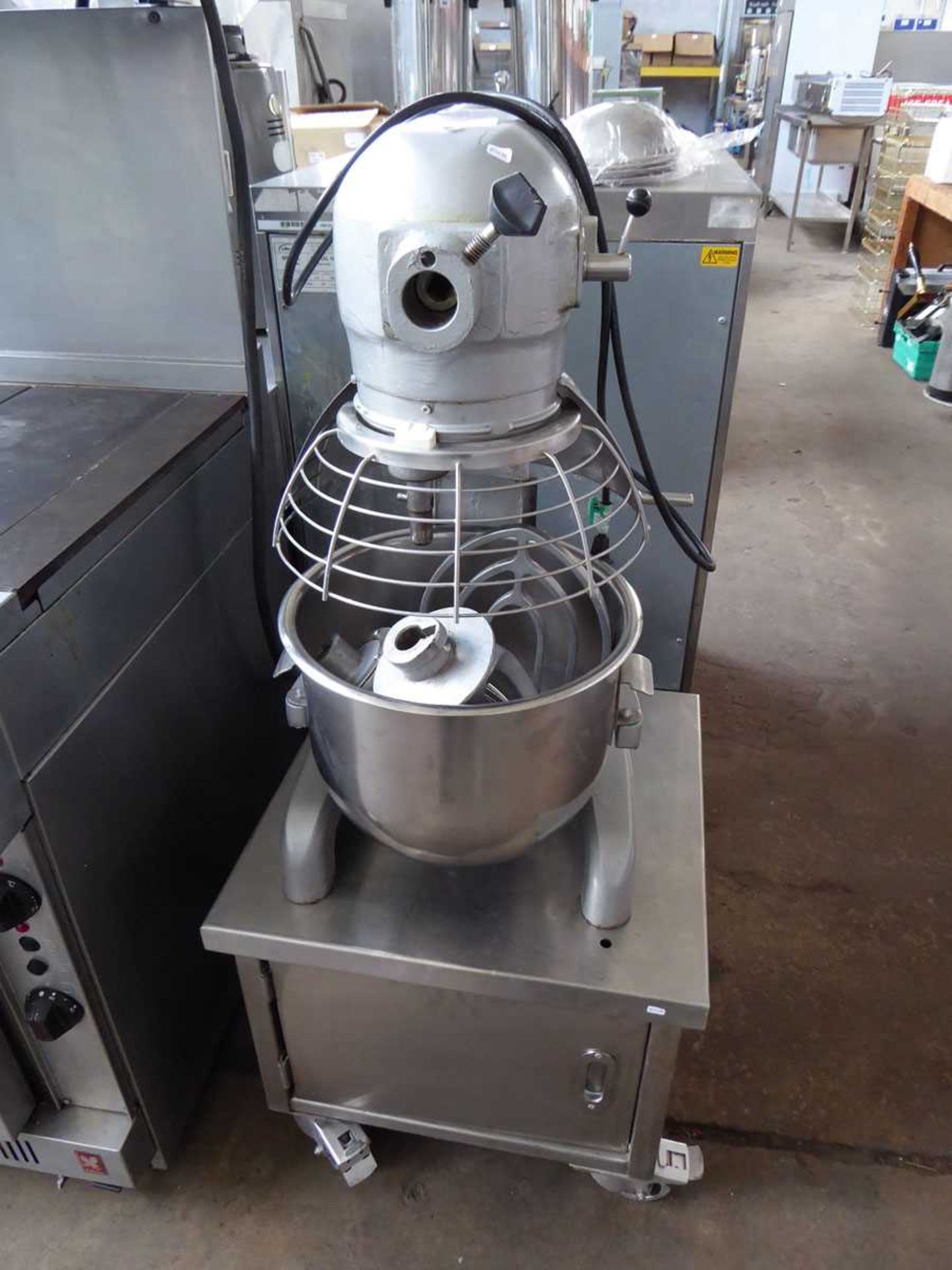 +VAT Hobart model A200 20 quart mixer with bowl, 3 attachments, safety guards and mobile stand