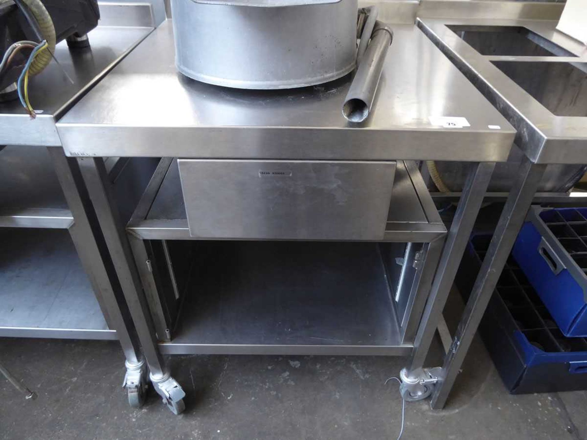 +VAT 74cm stainless steel heavy duty mobile table with a shelf and drawer under