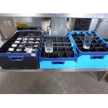 3 x plastic stacking crates with mostly tumblers and highball glasses