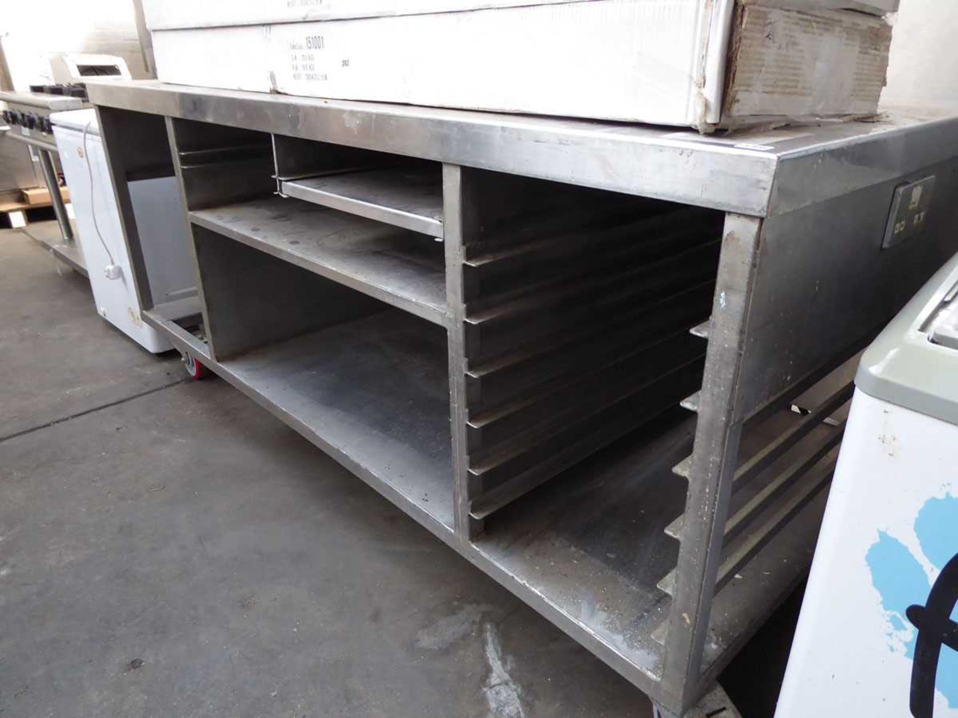 210cm mobile stainless steel preparation unit with space under for trays, shelves, etc