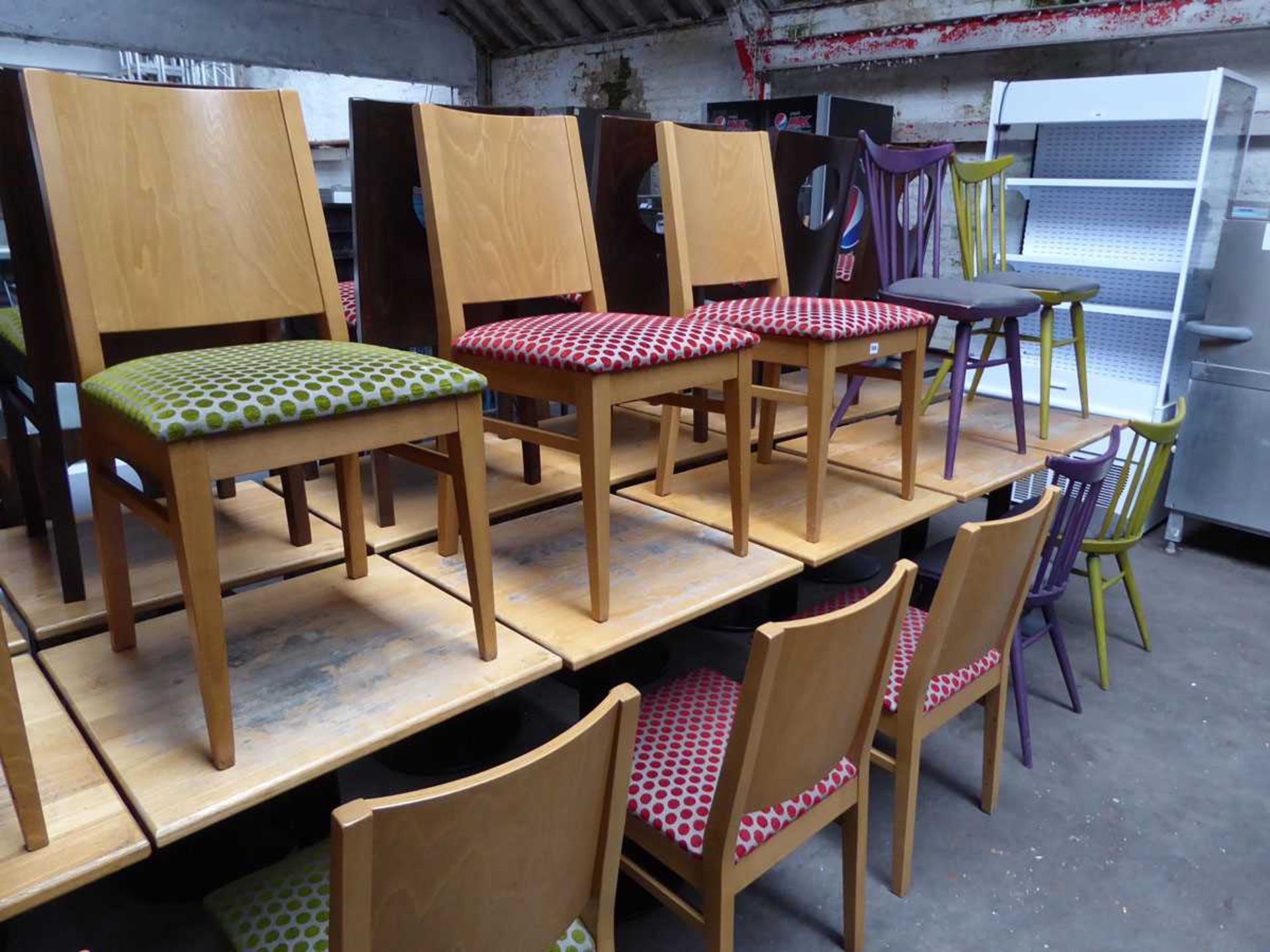 Set of 5 solid top café tables with single pedestal bases plus 10 assorted polka dot and stick