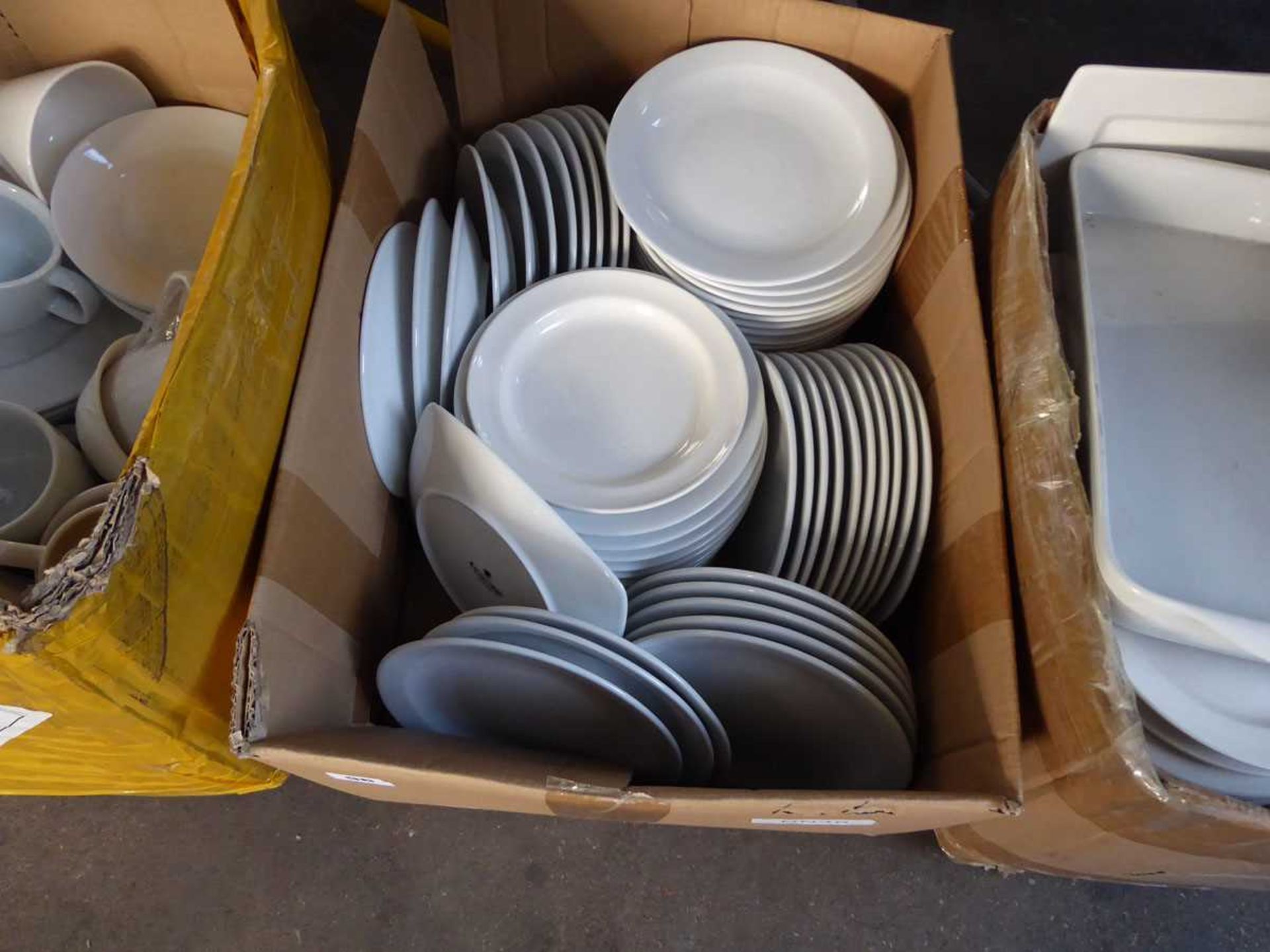 3 large boxes containing assorted white crockery to include side plates, cups, oven dishes etc - Image 3 of 4