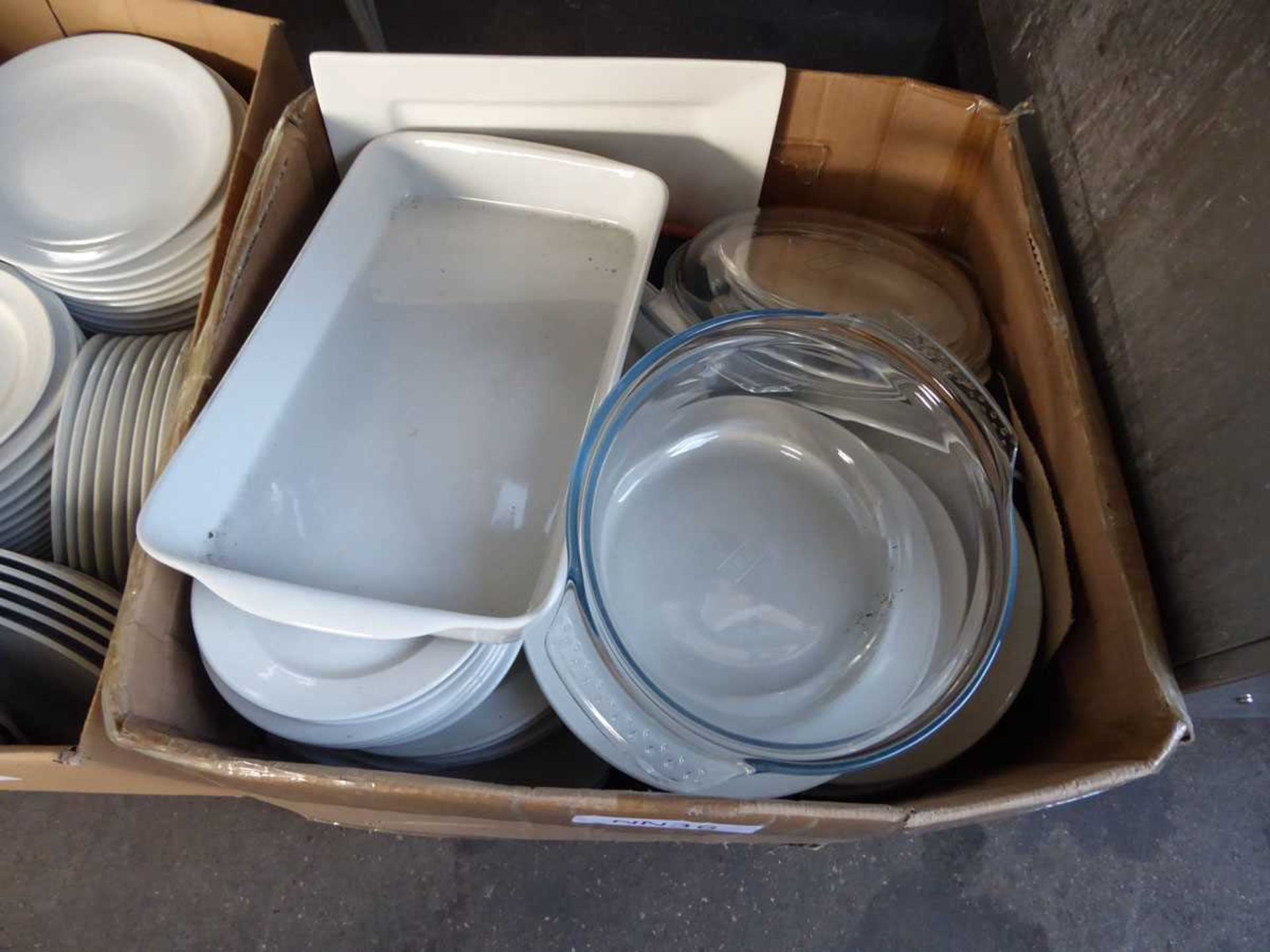 3 large boxes containing assorted white crockery to include side plates, cups, oven dishes etc - Image 2 of 4