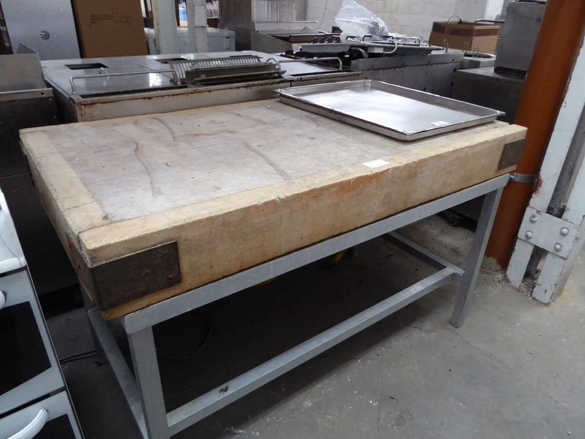 +VAT 130cm Butchers block with heavy wooden slab, plus galvanised frame