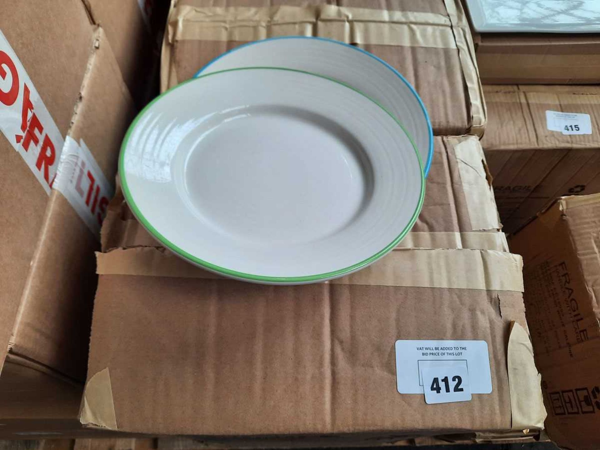 +VAT 2 x boxes of 24, 21.5cm diameter multi colour rim side plates (48 in total)