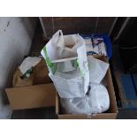 2 boxes and 3 bags of mostly disposable food containers, napkins, carrier bags etc