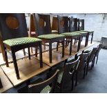 Set of 5 solid top café tables with single pedestal bases plus 10 dark wood frame green polka dot