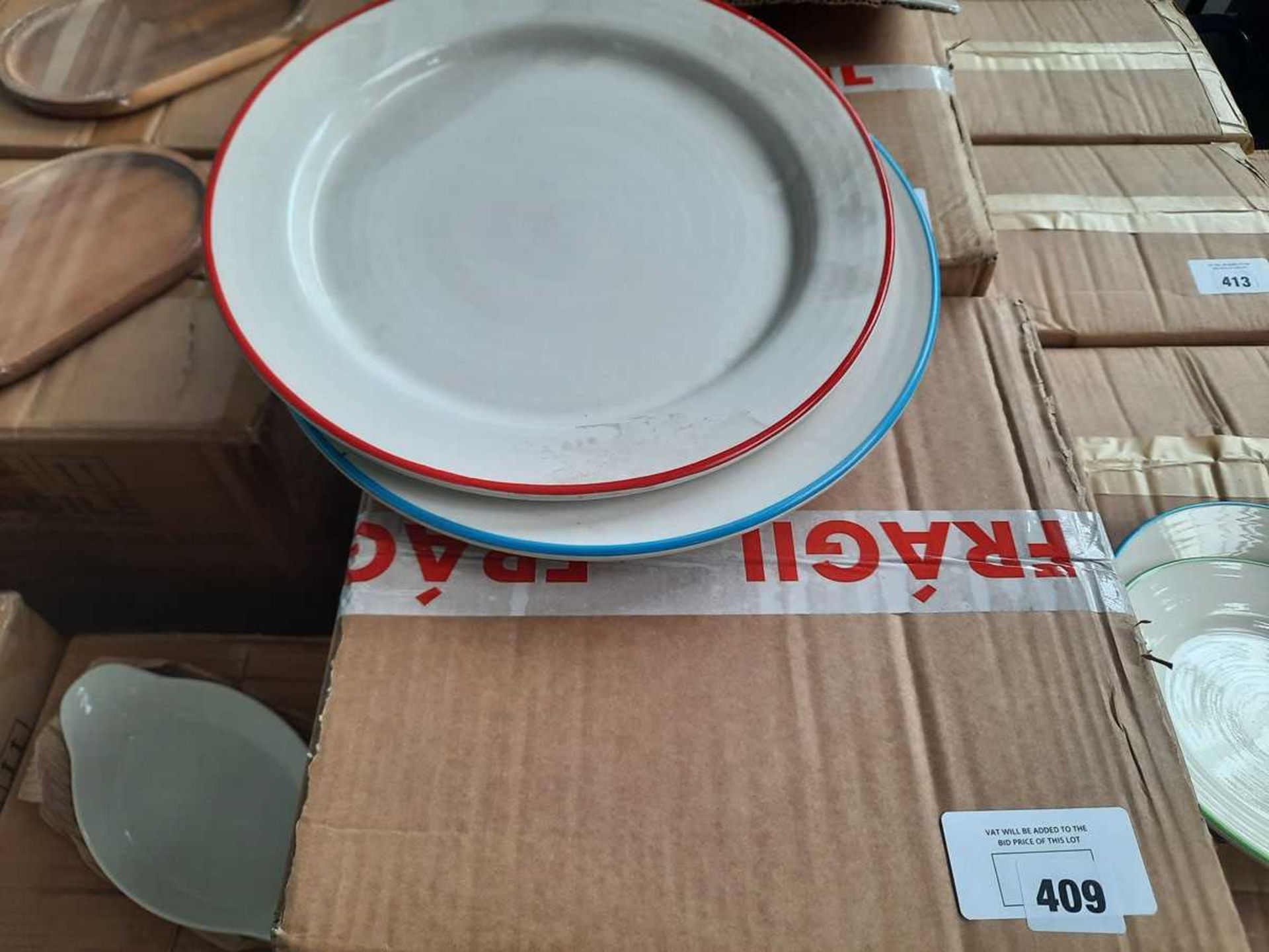 +VAT 3 x boxes of 6, 30cm multi colour rim dinner plates (18 in total)