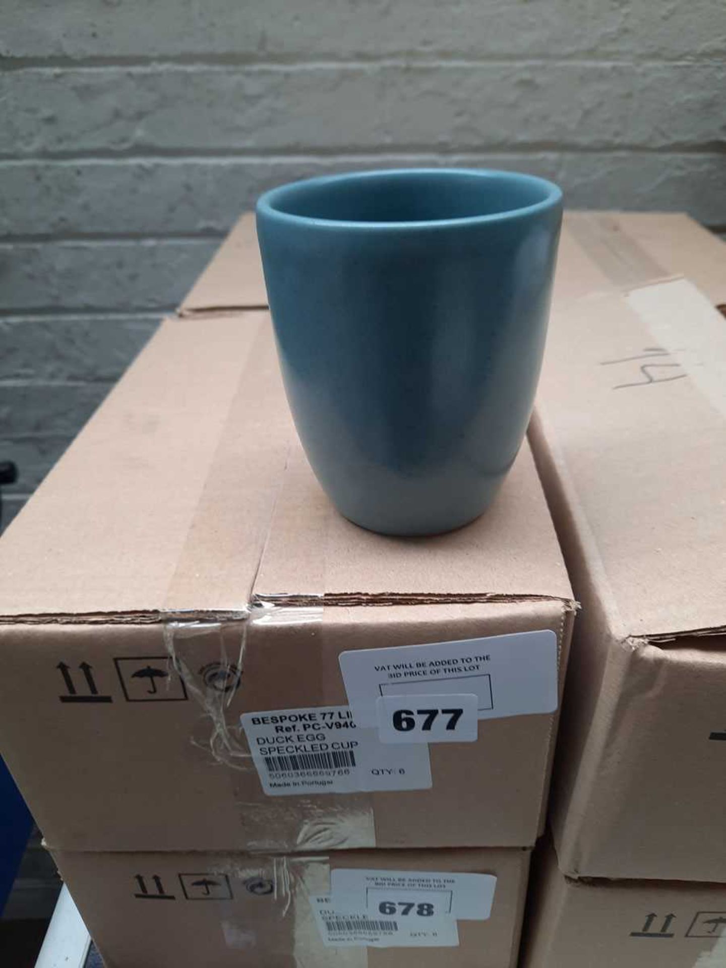 +VAT 2 boxes of 6 duck-egg blue speckled cups with no handles (12 in total)