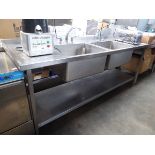 210cm stainless steel double bowl sink unit with draining boards, taps and shelf under