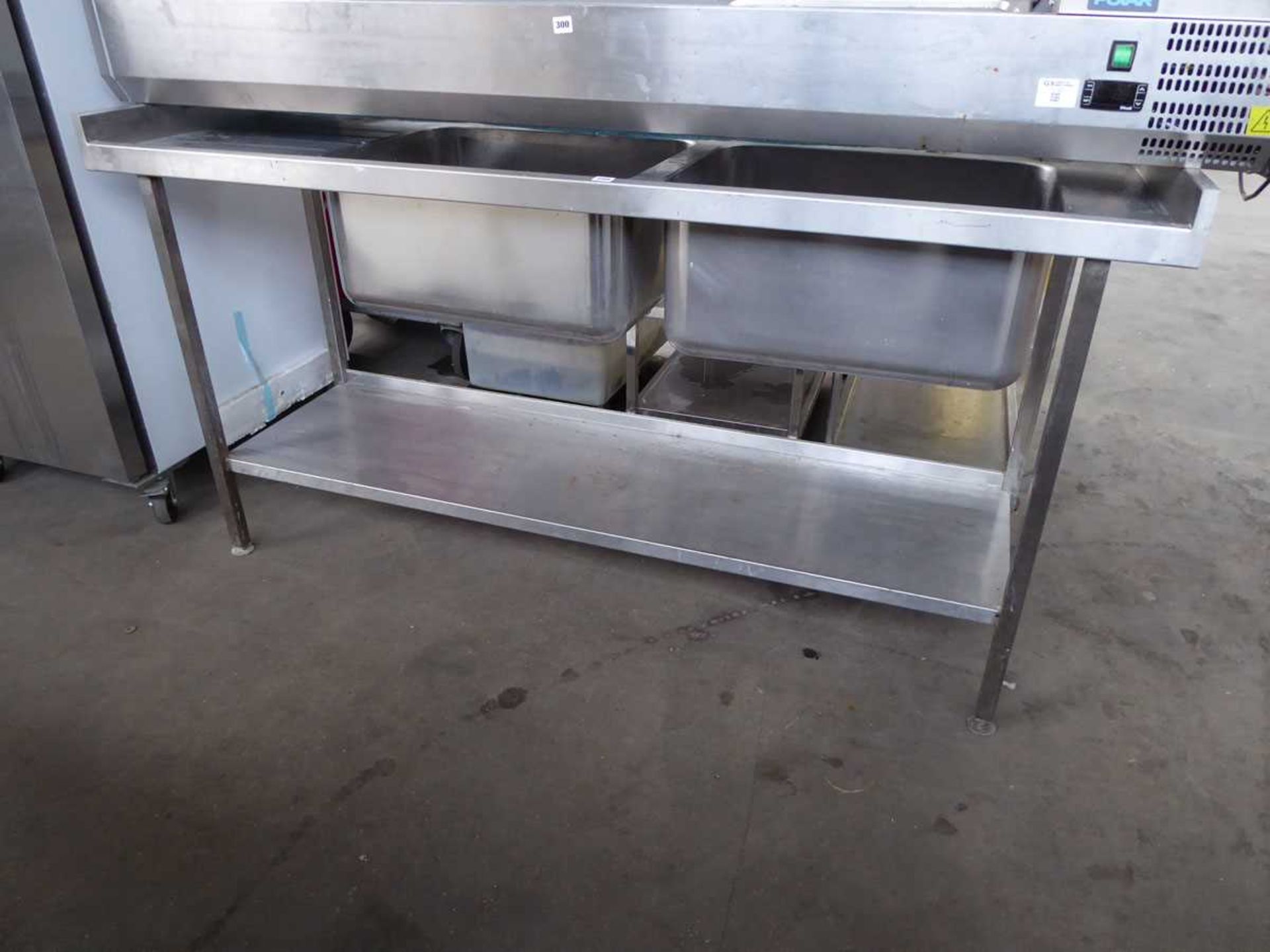 +VAT 185cm stainless steel double bowl sink unit with drainer and shelf under