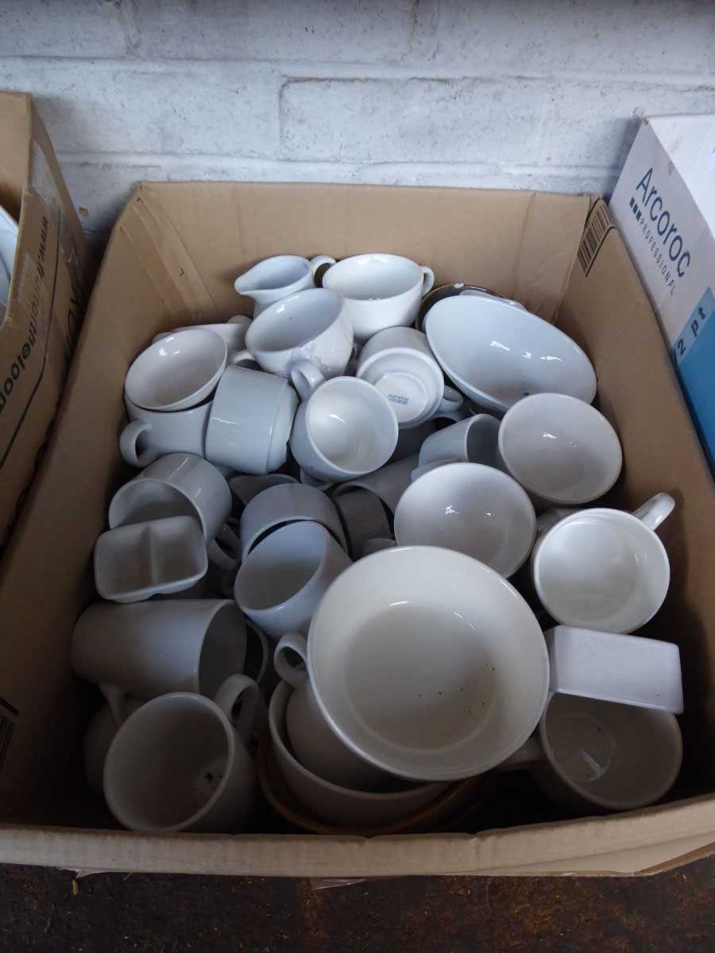 3 boxes containing a large qty of mostly white crockery comprising side plates, dinner plates, cups, - Image 3 of 4