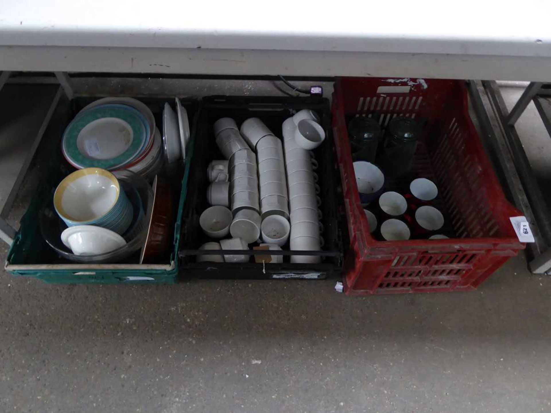+VAT 3 trays of assorted items to include enamel ware, cups, crockery and glass