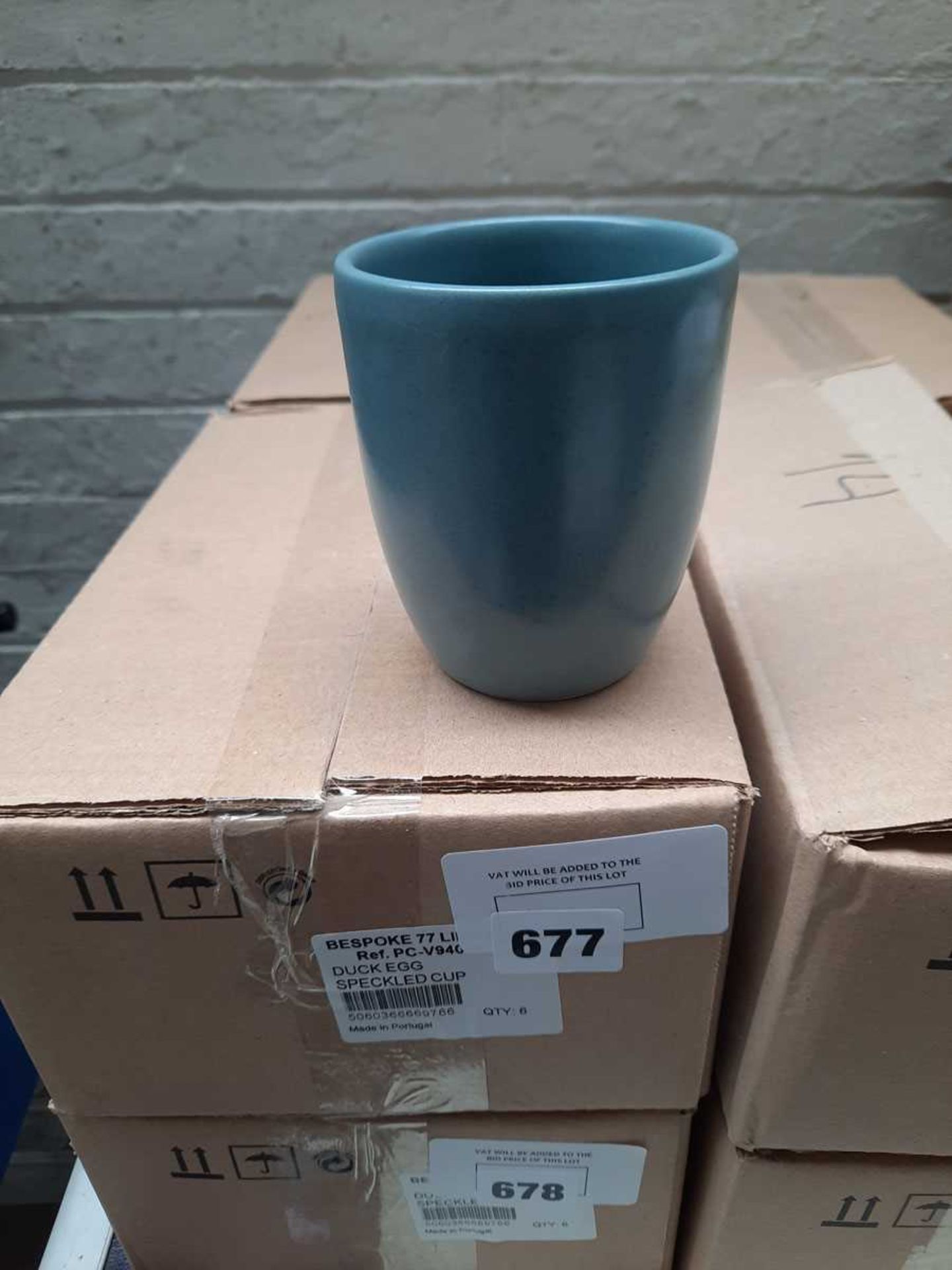 +VAT 2 boxes of 6 duck-egg blue speckled cups with no handles (12 in total)