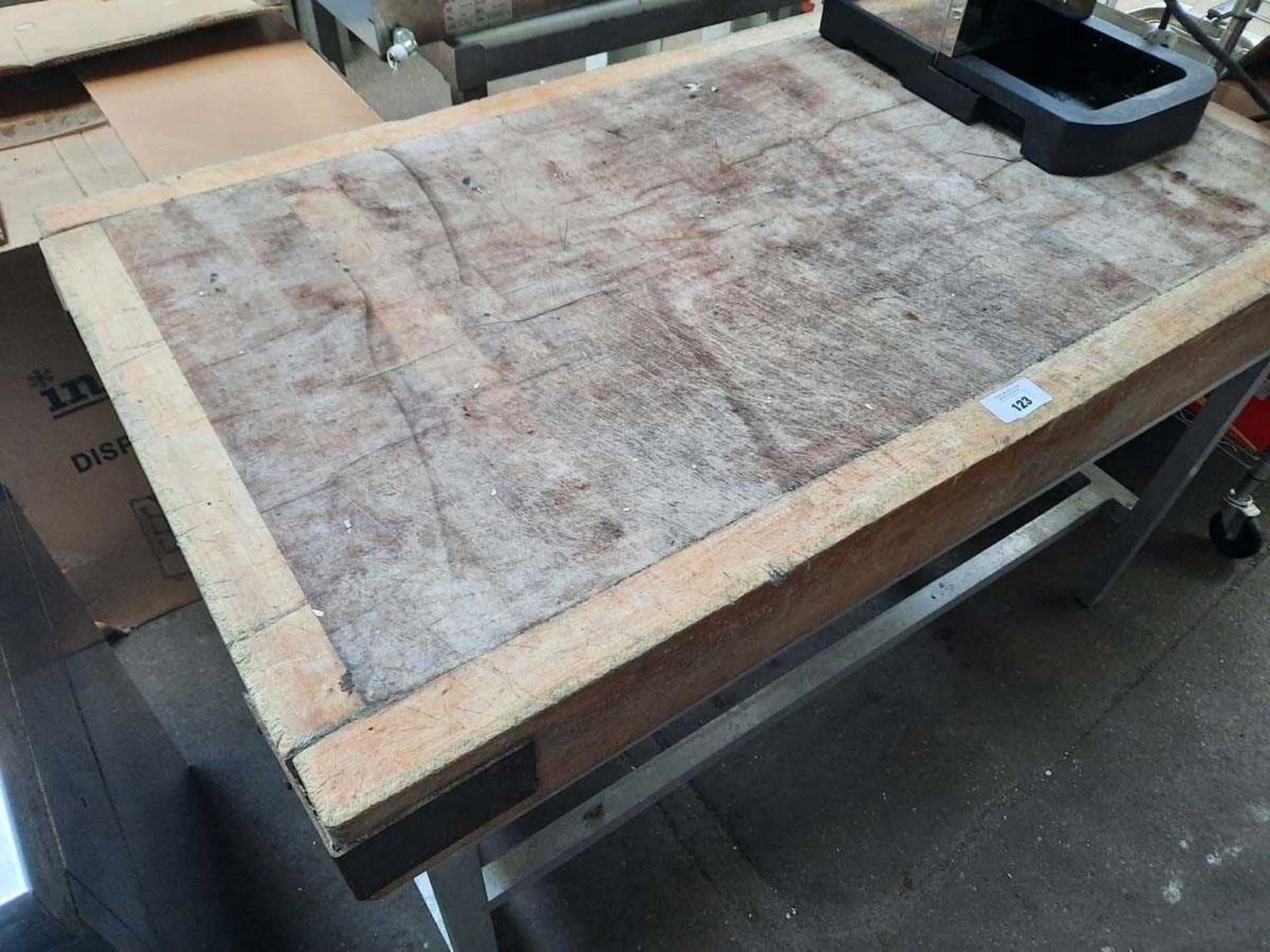 +VAT 130cm Butchers block with heavy wooden slab, plus galvanised frame - Image 2 of 2